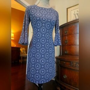 Navy & Ivory Mandala Print Shift Dress with ¾ Length Bell Sleeves